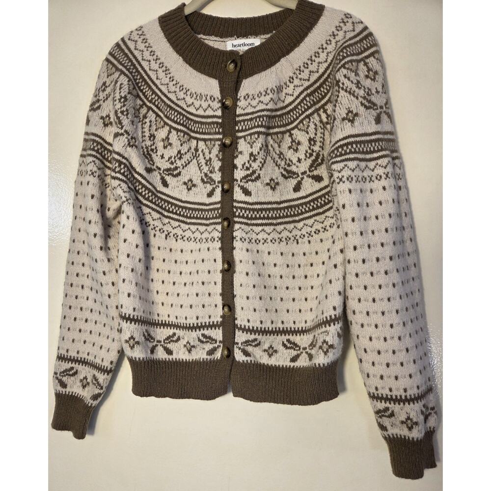 Heartloom Morrie Cardi Sweater Fair Isle Brown & Cream Relaxed Ribbed Edges Sz M